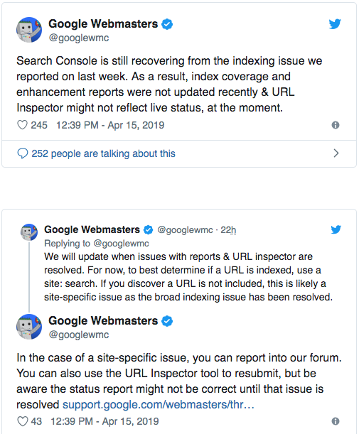 Technisches Problem bei Google De-indexierung wirkt sich auf die Search Console aus 💥 2 Google Webmasters Tweet